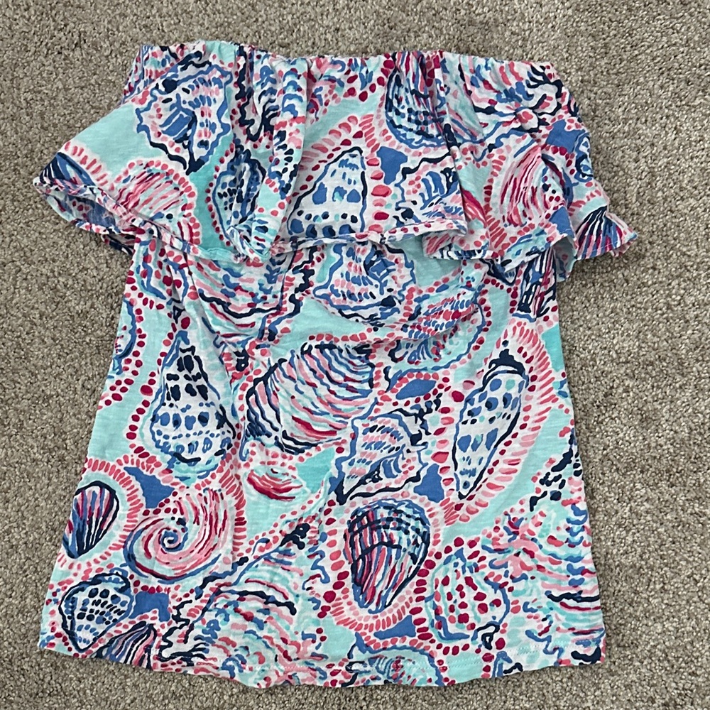 Lilly Pulitzer Shell Me About It- small Pink and Blue Off-Shoulder Blouse